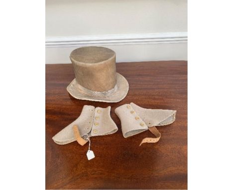 A light brown felt top hat (Label Royal Opera House) plus a pair of vintage spats and a selection of detachable collars and p