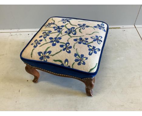 A Victorian mahogany tapestry upholstered stool, on short cabriole legs, width 46cm, depth 44cm, height 29cm. Condition - fai