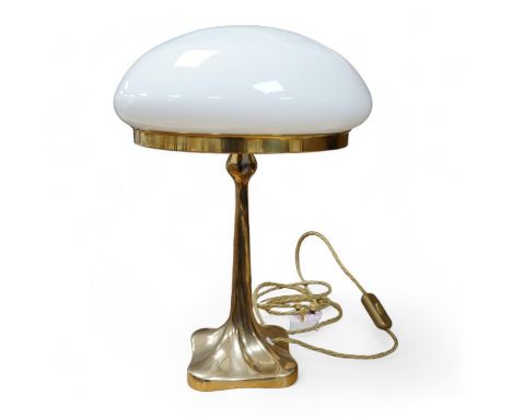 An English Retro brass mushroom style table lamp with opal shade, wired, 41cm high. Condition - good.