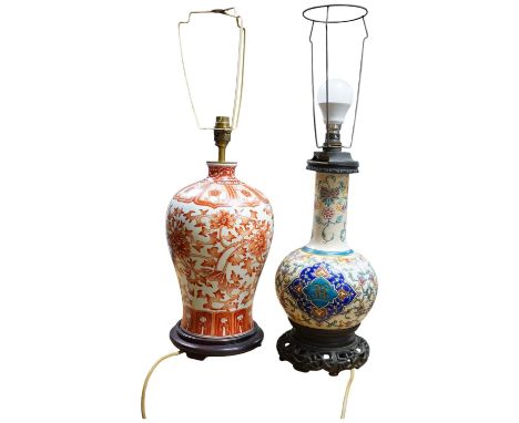 A Chinese vase lamp, polychrome decorated in relief and other, baluster Ming style lamp in iron red, largest overall 9cm high