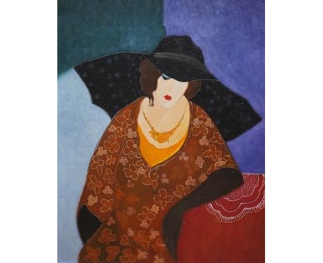 Decorative oil on board, study of a seated Art Deco woman, 50 x 40cm. Condition - good
