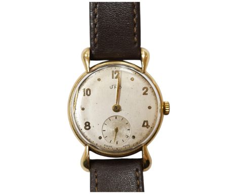 A gentleman's 9ct Uno manual wind wrist watch, with Arabic and dot numerals, with subsidiary seconds, case diameter 29mm, on 