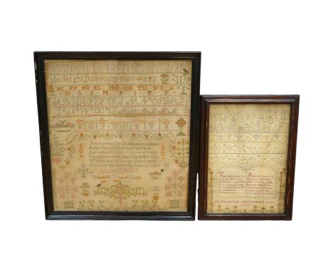 Two samplers; one late 18th century, the other early 20th century, the 18th century sampler by Elizabeth Chamberlain dated 17