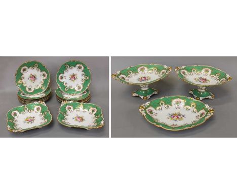A Royal Crown Derby Porcelain Dessert Service, 1921, moulded with acorns, green geound an enamelled with roses, printed marks