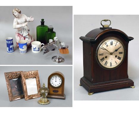 A Pair of Art Nouveau Embossed Copper Photograph Frames, together with various items, including a brass desk bell, an inlaid 