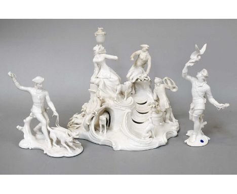 A Nymphenburg Porcelain White Glazed Boar Hunting Figure Group, 20th century, impressed mark, together with two similar figur