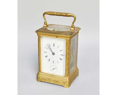 A French Brass Engraved Strike and Repeat Carriage Alarm Clock, circa 1890, case with scroll and floral engraved decoration, 