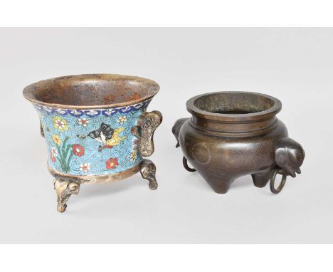 A Chinese Cloisonne Censer, Xuande reign mark but later, with lion dog handles and on elephant mask, 14.5cm diameter, togethe