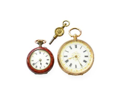 A Lady's Fob Watch, case stamped 14K; and A Lady's Fob Watch, silver and red enamel case with a London import mark14ct - inne