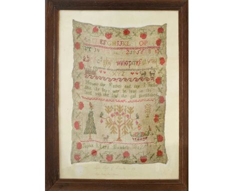 Four 19th Century Glass Rolling Pins; a framed early 19th Century needlework sampler by Sophia Lloyd of Mumbels, 1812 (5)
