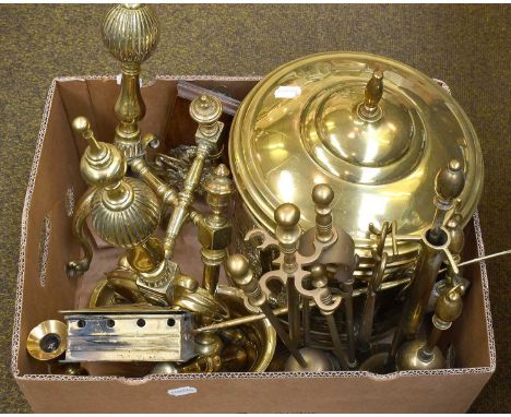 18th Century and Later Brass, including chestnut roaster, companion sets, coal bucket, bronze mortar etc. (qty)