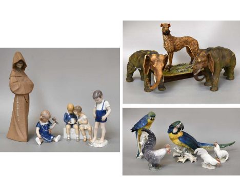 A Quantity of Ceramic Figures and Animal Models, including Royal Cophenhagen children and cockerels, Royal Dux elephants, Lla