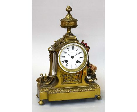 A French Gilt Metal Striking Mantel Clock, circa 1890, enamel dial with Roman numerals, indistinctly signed by retailer, twin