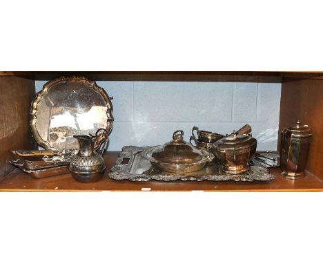 A Quantity of 20th Century Silver Plate, inclusding salver, large twin handled tree entree dishes, Art Deco four part teaset 
