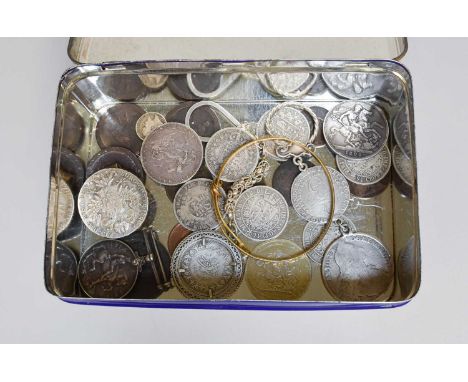 Assorted Silver Coins, Keyrings and Medals, including; three crowns, two dated 1820 and one 1895; six halfcrowns; a cartwheel