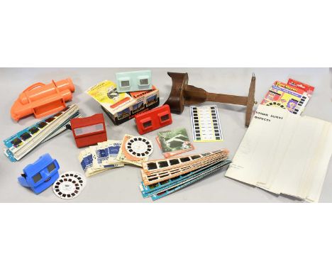 Handheld Wooden Stereo Viewer together with three Simplex Viewers (one boxed) Viewmaster viewer with various reels including 