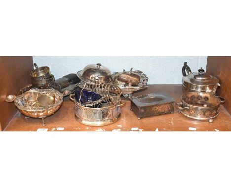 A Collection of Assorted Silver Plate and Two Silver Spoons, (one shelf)