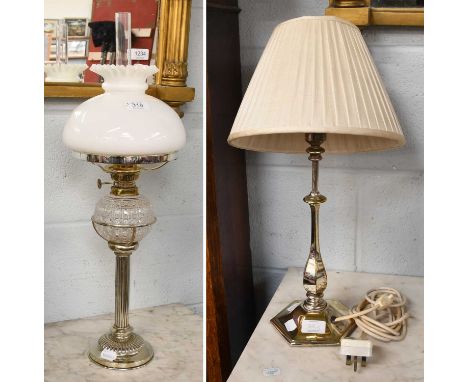 A Silver Plated Oil Lamp, with column base, cut glass reservoir and opaque white glass shade, together with another plated ta