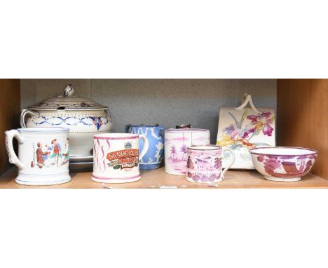 19th Century English and Continental Porcelain, including a Wedgwood Jasper jug, frog mug, Vaux Brewery Lustre mug, Sunderlan