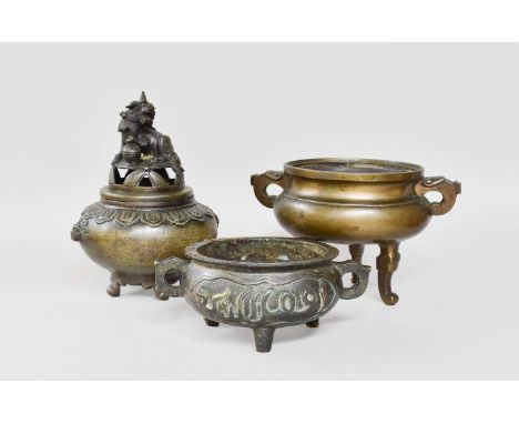 A Chinese Bronze Censer, Xuande reign mark but later, with two calligraphy panels, 17.5cm wide, a similar example and a koro 