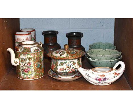 A Cantonese Porcelain Bowl, Cover and Stand, mid 19th century, painted in famille rose enamels, together with a similar teapo