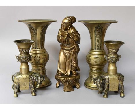 A Pair of Chinese Bronze Gu Vases, Xuande reign mark but later, 26cm high, together with a pair of vases on elephant bases an