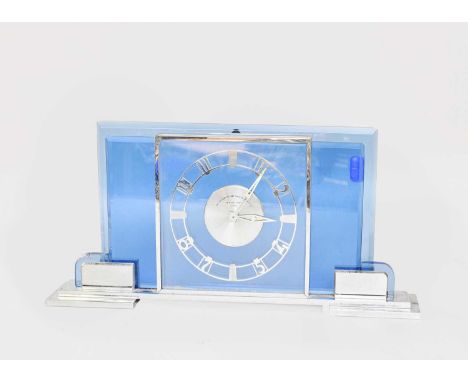 An Art Deco Jaeger Chrome and Coloured Glass Mantel Timepiece, retailed by Goldsmith's &amp; Silversmith'sChrome surfaces are