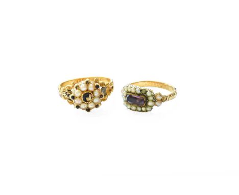 An 18 Carat Gold Split Pearl, Onyx and Enamel Mourning Ring, with an inscription to the inner ring head, finger size N (a.f.)