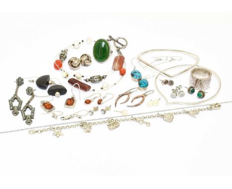 A Quantity of Silver and White Metal Jewellery, including a Pandora bangle, rings, necklaces, pendants on chains, earrings et