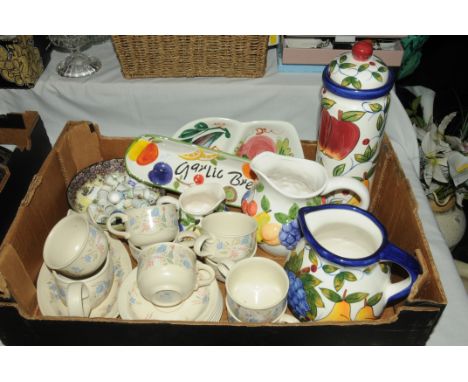 Box of thimbles, Poole Spring Time teacups, saucers and dinnerware, modern Rayware dishes, etc. 