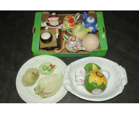 Box of modern teapots and vases, including Rayware, large ATN Italian leaf decorated plate, two Carltonware dishes and other 