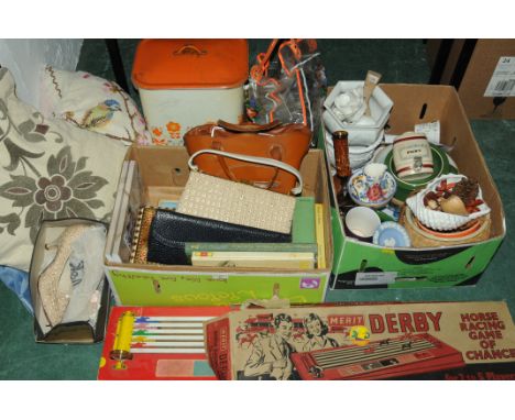 Box of Merit Horse Racing game, vintage floral bin, modern inlaid box, books, curtains, etc. 