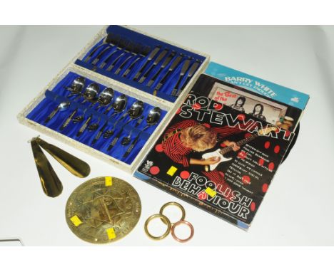 Records, brass and copperware, including a sundial, and a canteen of silver plated cutlery 