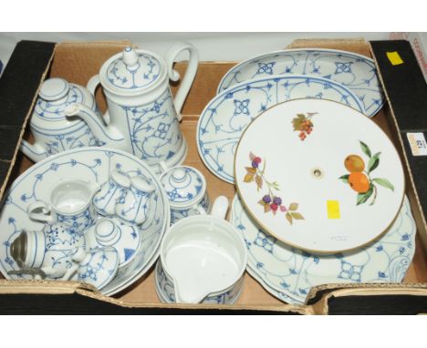 Box of royal Worcester cake stand, modern blue and white crockery, etc. 