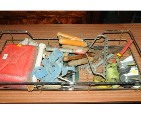 Metal crate, petrol can, garden tools, wheels, etc. 