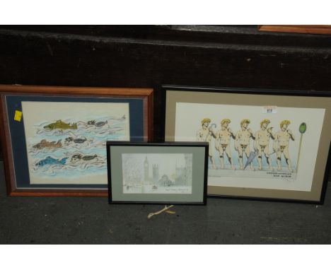 Michael Angelo Bus Kew print, Houses of Parliament print and watercolour of fish 