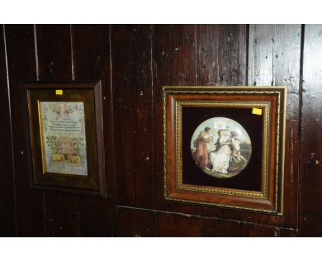 Framed 19th century sampler Virtue print and a ceramic plaque in wooden gilt frame