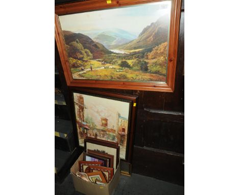 Framed SR Percy print of figures in landscape, Paris Moulin rouge painting and box of dioramas, prints, etc. 