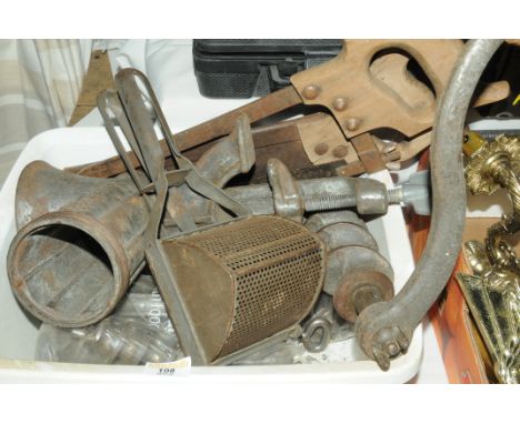 Box of vintage tools, to include vice and saw 