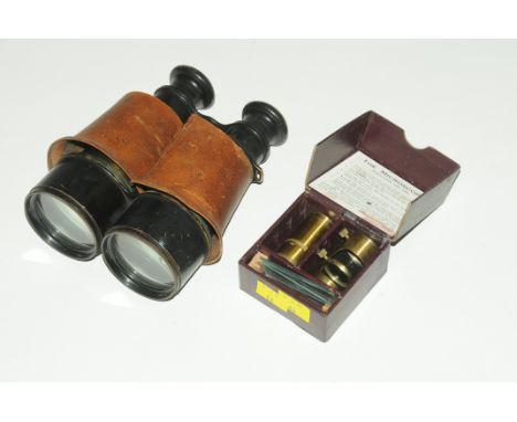 Pair of Heath &amp; Co. Crayford binoculars and brass microscope and glass slides