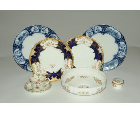 Two Coalport plates, two opaque china lustre blue and white plates, Aynsley Cottage Garden trinket box and bowl and Queens Ch