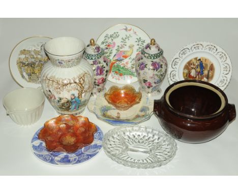 Box of Carnival glass dishes, lidded vases, Royal Worcester collectors' plate, etc. 