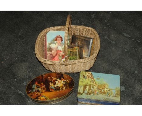 Wicker basket and vintage tins 