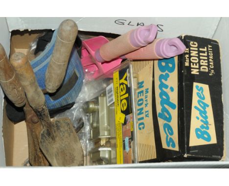 Box of tools, drill, Yale latch, etc. 