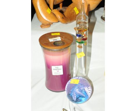 WW Trilogy Ruby Sunset candle, Caithness Cauldron paperweight and Galileo thermometer 