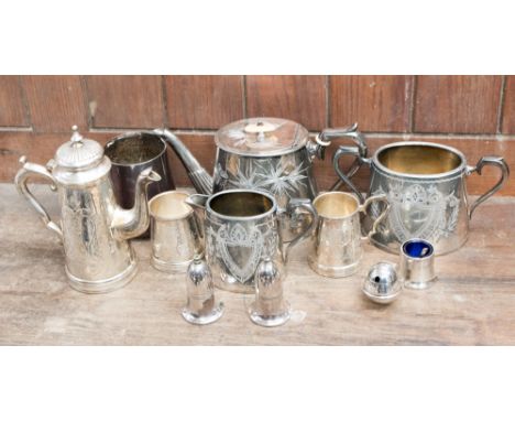 A quantity of plated items to include teapot, milk and sugar and other items (qty) 