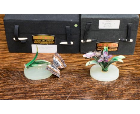 Two Chinese marked sterling silver .925 'Honey Bee in Flower' and 'Butterfly on Reeds' ornaments (2) 