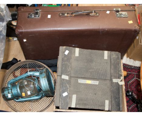 Two umbrellas, a shooting stick, sieve, box Tilley lamp and two suitcases