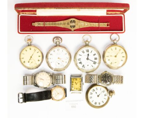 A parcel of assorted vintage watches, to include a 9ct gold Virtru gent's wrist watch on a black leather strap, three silver 