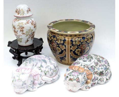 A Oriental planter on wooden stand, two painted sleeping cats etc (5) 